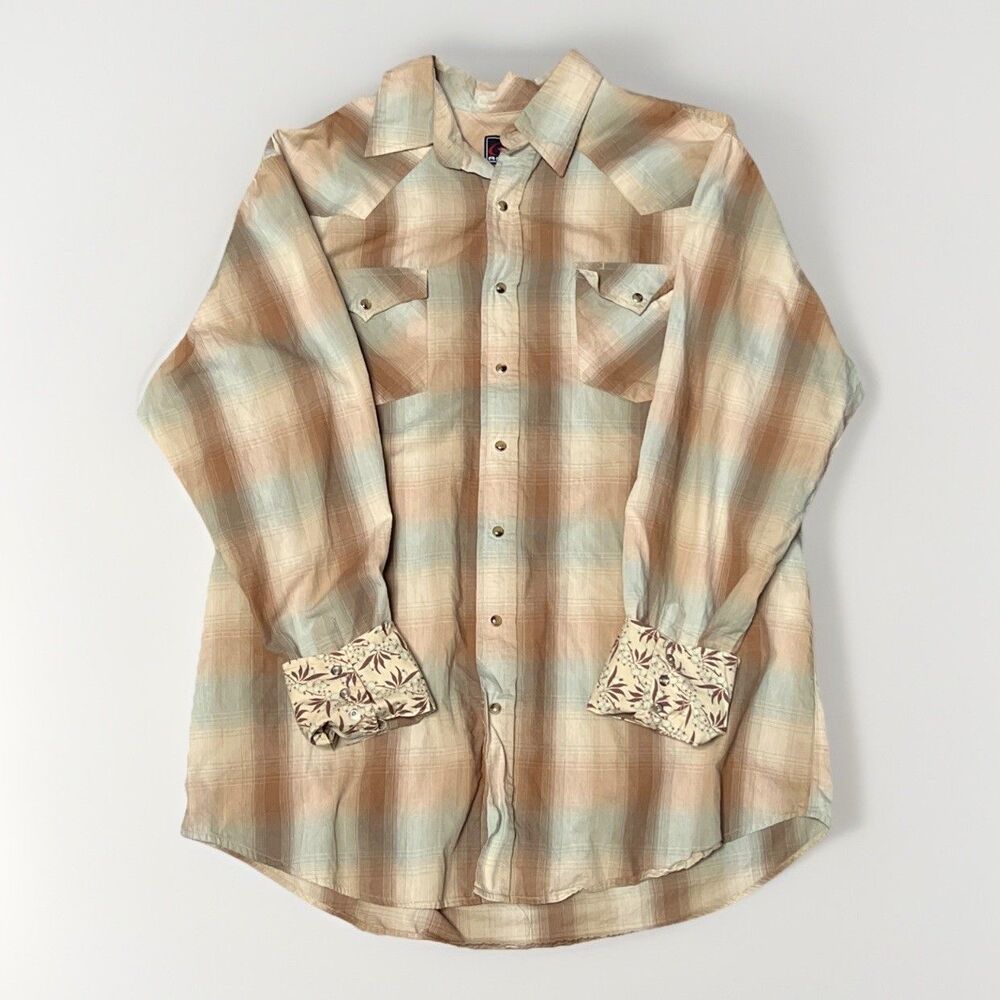 Roper Western Shirt Men XL Plaid Tan Pearl Snap Long Sleeve Pockets Logo